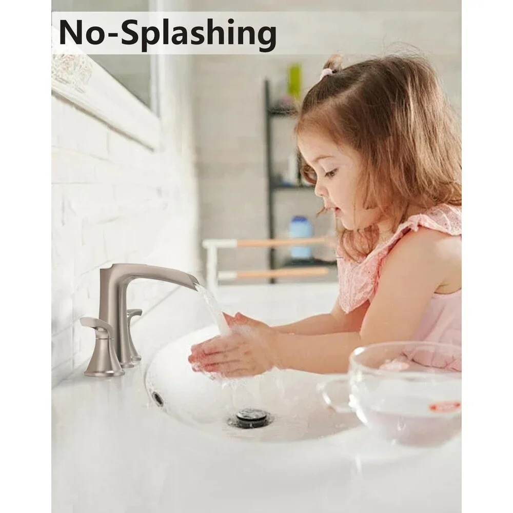 Brushed Nickel Widespread Bathroom Faucet 3 Hole Waterfall 8 Inch Sink Mixer